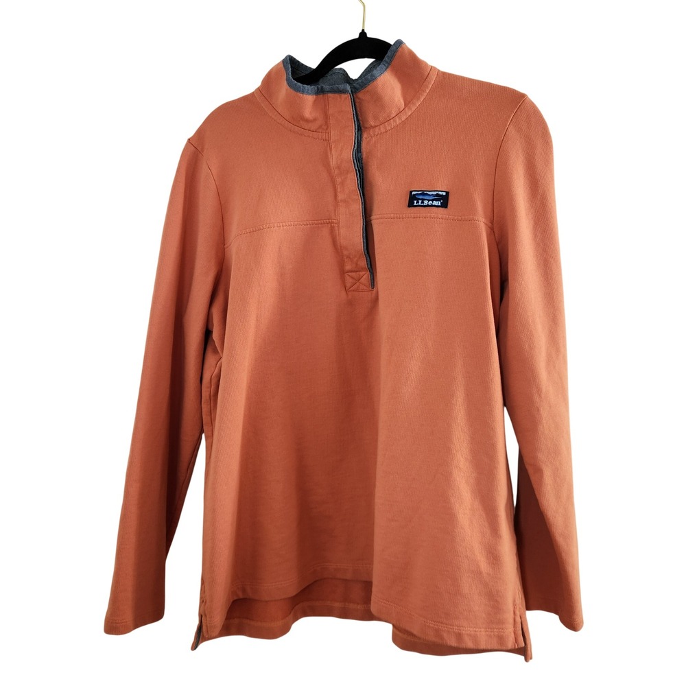 LL Bean Womens Large Orange 100% Cotton Mock Neck Button Pullover Top